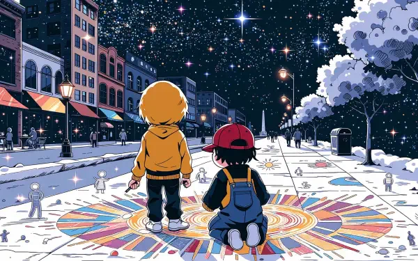 2K Quad HD PC desktop wallpaper: two children with sidewalk chalk on a city street creating colorful mandala chalk art beneath a starry night sky.