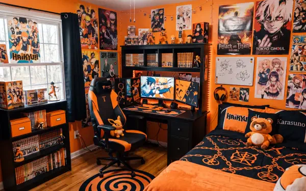 Vibrant anime room and bedroom with orange walls, posters, manga shelves, gaming PC, ergonomic chair, plush-topped bed — 5K Ultra HD PC desktop wallpaper and background.