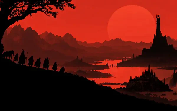 Middle Earth silhouette landscape: travelers on a ridge heading toward jagged mountains and dark towers under a blood-red sun — 4K Ultra HD PC desktop wallpaper background.