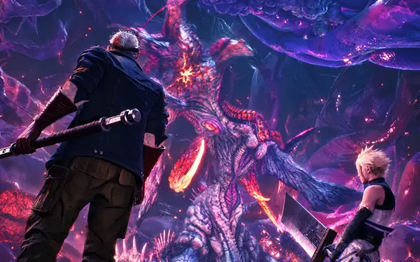 4K Ultra HD PC wallpaper/background from the video game Final Fantasy VII Revelation: Cid and a blond ally confront towering Jenova amid a glowing purple-red cavern.