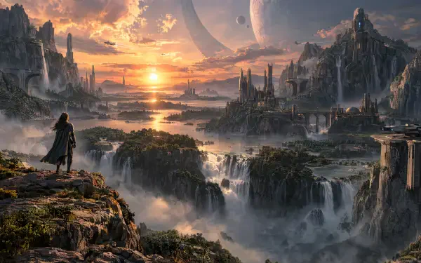 4K Ultra HD Fantasy & Sci-Fi landscape AI Art: a lone cloaked figure overlooks cascading waterfalls, ruined castles and twin moons at sunset — dramatic PC desktop wallpaper background.