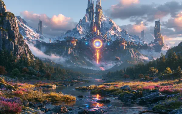 Fantasy & Sci‑Fi landscape AI Art 2K Quad HD PC desktop wallpaper/background: a towering crystalline citadel with a glowing portal above a reflective river, misty peaks and a vibrant meadow.