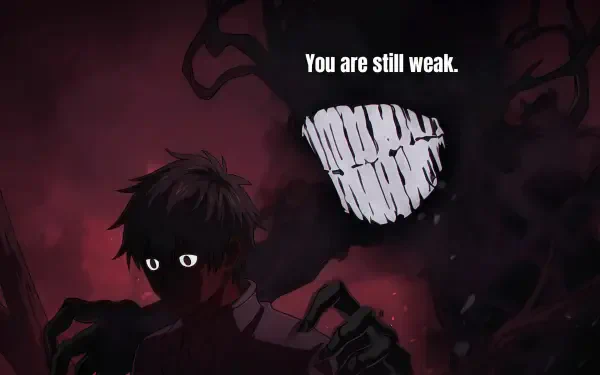 2K Jujutsu Kaisen / Jujutsu Kaisen 0 anime wallpaper: shadowed protagonist and a grinning curse looming with the text You are still weak — motivational, dark.