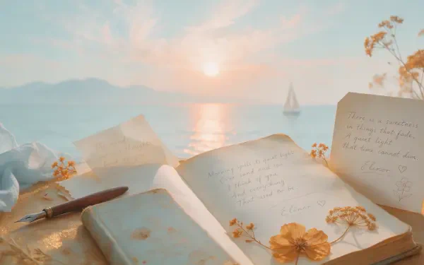 Poetcore 2K Quad HD PC desktop wallpaper: open notebook and book with dried flowers and pen on a sunlit seaside, sailboat gliding at sunset.