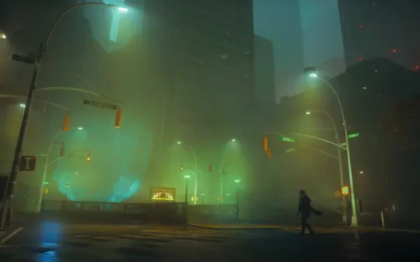 Control Resonant: foggy neon-lit city street at night with a lone figure under teal streetlights; 4K Ultra HD PC desktop wallpaper and background.