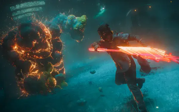 4K Ultra HD PC desktop wallpaper: Dylan Faden engages a glowing armored monster in an underwater battle, red energy blade slashing as bioluminescent debris drifts—Control Resonant aesthetic.