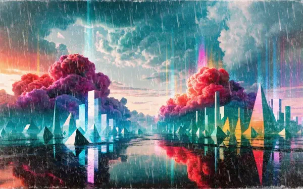 Vivid abstract landscape-cityscape with neon geometric towers, colorful cloudbanks and rain-swept reflections on water — 2K Quad HD PC desktop wallpaper and background.