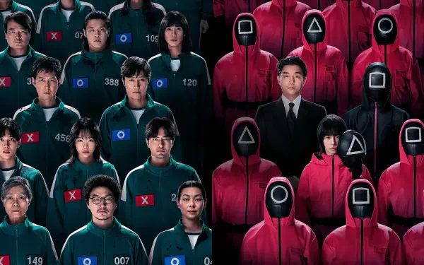 HD PC desktop wallpaper/background: Squid Game scene with rows of red‑hooded guards wearing circle/triangle/square masks and numbered players in green tracksuits.