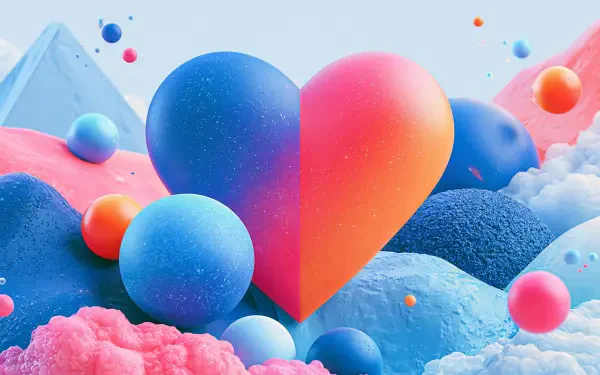 Artistic abstract 2K Quad HD PC desktop wallpaper: a vibrant heart-shaped sphere split blue-to-pink, surrounded by floating textured spheres and soft pastel cloud-like forms.