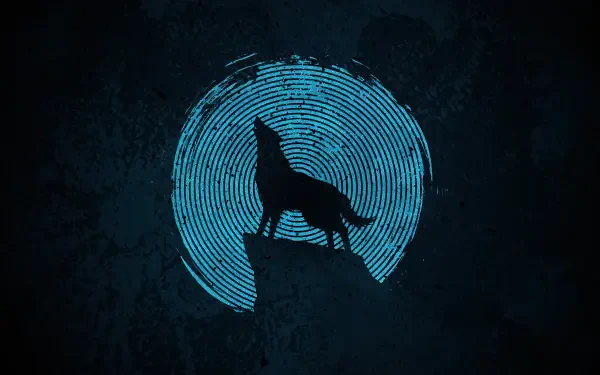 Wolf digital art 4K Ultra HD PC desktop wallpaper: silhouetted wolf howling on a rocky ledge with a glowing concentric blue circle on a dark textured background.