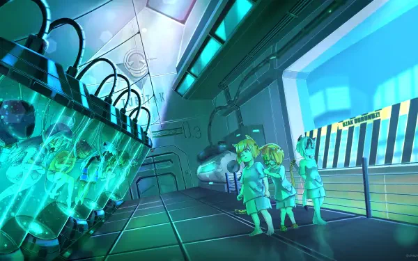 4K Ultra HD PC wallpaper: moe anthropomorphic cat-girl Os-tan in a neon sci-fi lab, glowing specimen tanks and futuristic equipment across a sleek laboratory corridor.