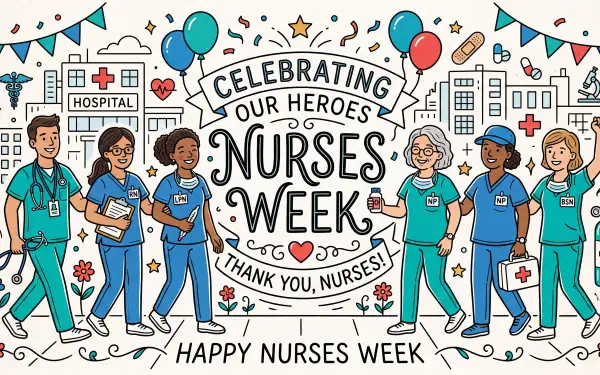 5K UHD wallpaper: colorful hospital scene celebrating Nurses Week — diverse nurses in scrubs, balloons and banners reading Celebrating Our Heroes and Thank you, nurses!