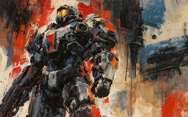 4K Ultra HD PC desktop wallpaper/background showing a towering power armor mecha in heavy plated suit, streaked with red and blue paint against a textured industrial battlefield.