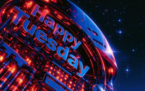 2K Quad HD PC desktop wallpaper: neon Happy Tuesday sign glowing on a futuristic cybernetic dome against a starry space background.