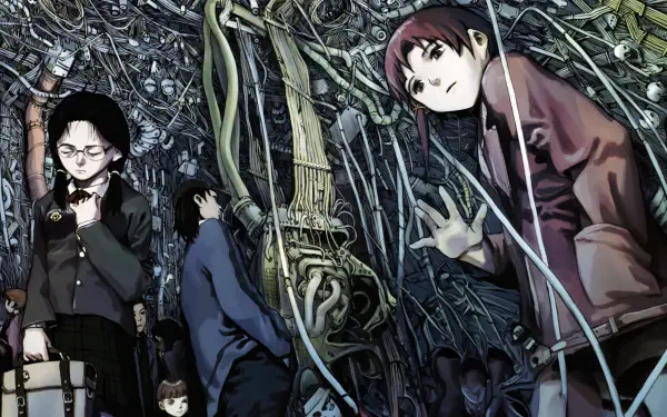 Serial Experiments Lain 4K Ultra HD PC wallpaper: Lain Iwakura and Alice Mizuki amid a dense tangle of cables and circuitry, anime/manga style, eerie cyberpunk atmosphere.