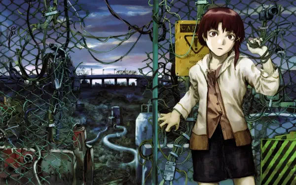 4K Ultra HD PC wallpaper of Lain Iwakura from Serial Experiments Lain (anime): a youthlike, androgynous figure by a chain-link fence amid tangled cables under a moody night sky.