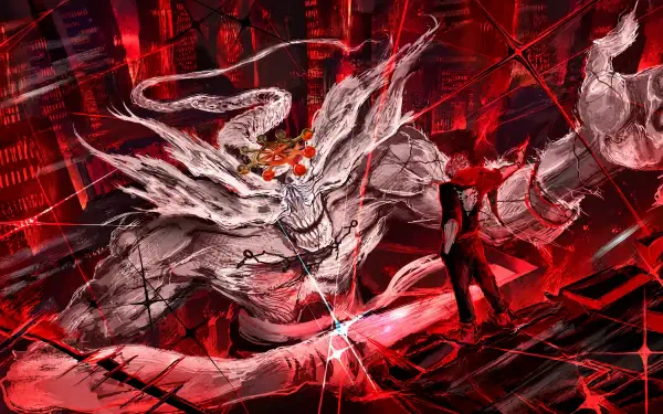 4K Ultra HD PC wallpaper: Mahoraga, a monstrous dragon from Jujutsu Kaisen, looms amid a blood-red shattered backdrop while Sukuna faces it—intense, chaotic duel.