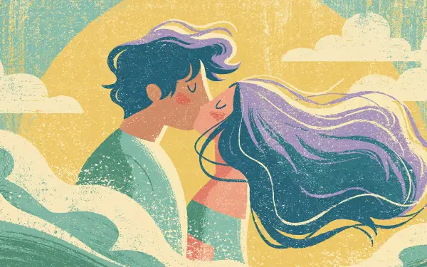 Artistic 2K Quad HD PC desktop wallpaper of a loving couple sharing a kiss amid stylized clouds and sun, flowing hair and textured painterly background.