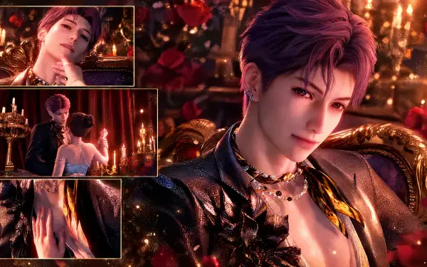 4K Ultra HD PC wallpaper: anime portrait of Rafayel, a suave man bathed in candlelight amid Love and Deepspace stars with a romantic, ornate background.