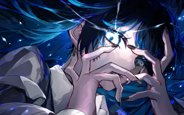 Blue-lit anime portrait of Hibana, hands framing a glowing, tearful eye; tagged Ado (Nico Nico Singer). 4K Ultra HD PC desktop wallpaper/background.