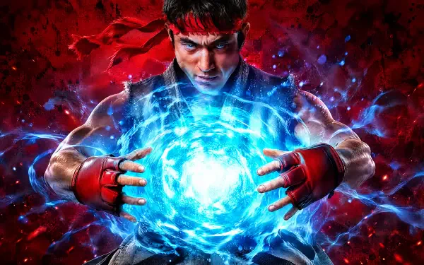 4K Ultra HD wallpaper of Ryu from Street Fighter (2026) summoning a crackling blue energy orb, fists wrapped, red headband and fierce, focused expression.