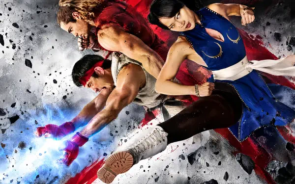 4K Ultra HD PC wallpaper of Street Fighter (2026): Chun-Li and rival fighters unleashing dynamic kicks and punches amid flying debris and motion streaks.
