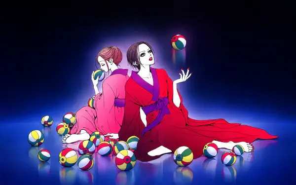 4K Ultra HD desktop wallpaper of Nana Osaki and Nana Komatsu seated back-to-back in elegant red dresses amid colorful beach balls on a glossy blue floor.