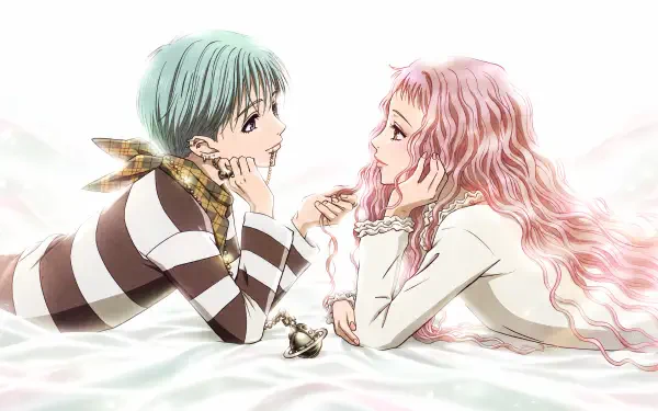 Nana (Nana Osaki) and Nana Komatsu, anime couple lying face-to-face on white sheets, holding hands in soft pastels — 4K Ultra HD PC desktop wallpaper