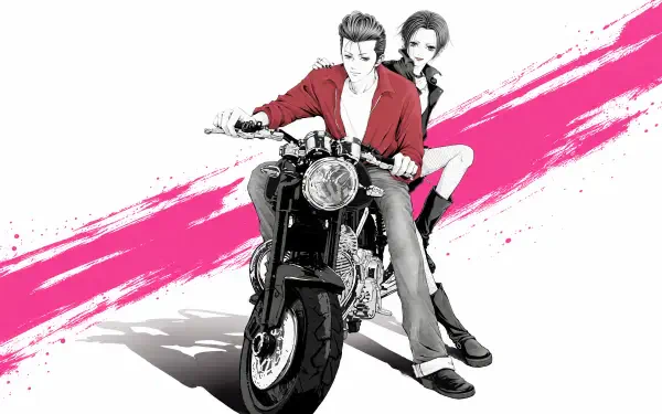 4K Ultra HD PC desktop wallpaper: Nana Osaki with a male companion seated on a motorcycle, couple pose against a bold pink brushstroke background.