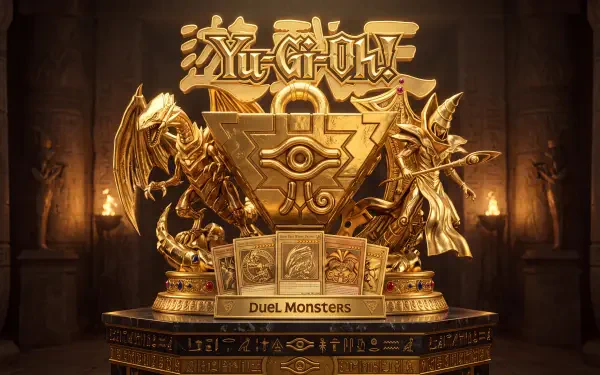 Yu-Gi-Oh! golden trophy and logo centerpiece with Duel Monsters statuettes on an ornate pedestal, 5K Ultra HD PC desktop wallpaper/background.