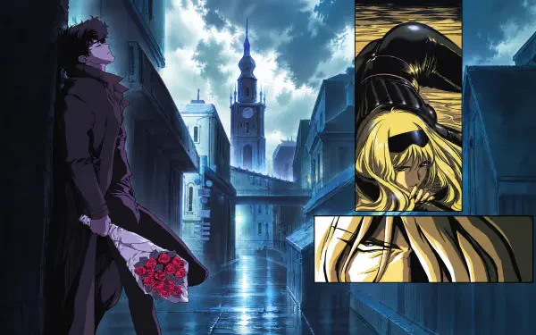 Cowboy Bebop 4K Ultra HD PC wallpaper: Spike Spiegel stands in a rain-slick alley holding red roses; inset panels show Julia, a blonde woman, in a somber close embrace.