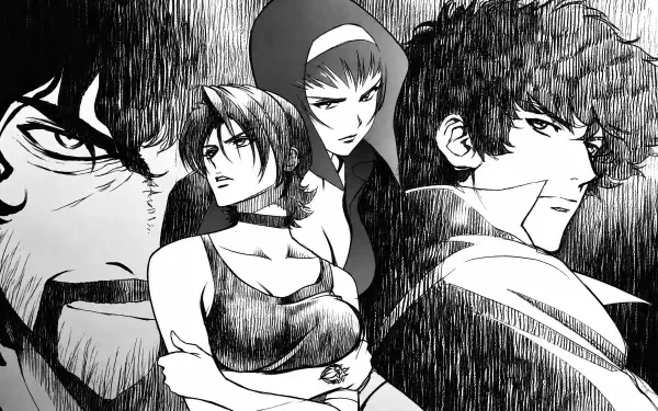 Black-and-white manga-style Cowboy Bebop wallpaper showing Spike Spiegel and Faye Valentine in dramatic poses — high-detail 4K Ultra HD anime desktop background.