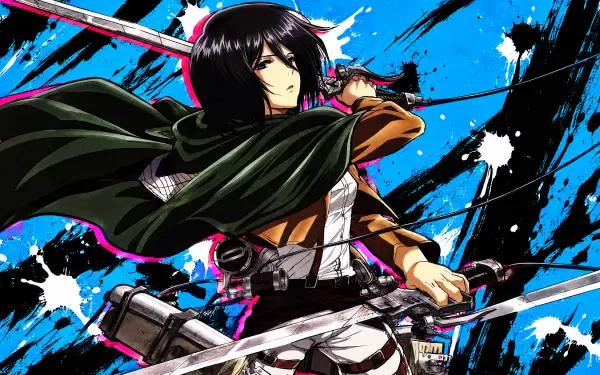 Anime character Mikasa Ackerman from Attack on Titan, samurai-inspired with dual swords, striking against a splattered blue-black background — 4K Ultra HD PC wallpaper.