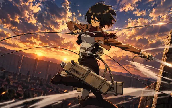 Mikasa Ackerman from Attack on Titan, anime girl in ODM gear brandishing dual swords as she soars over a city at sunset — 4K Ultra HD PC desktop wallpaper/background.