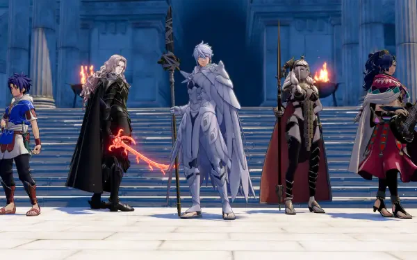 4K Ultra HD PC desktop wallpaper of Fire Emblem: Fortune's Weave — anime-style video game characters in ornate armor and cloaks lined on palace steps under torchlight.