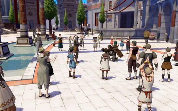 HD PC desktop wallpaper and background from Fire Emblem: Fortune's Weave — a lively crowd of characters gathered in a sunlit town plaza.