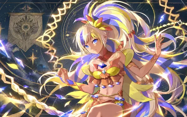 Fortuna (Fire Emblem: Fortune's Weave) — anime girl in golden jewel costume, flowing rainbow hair and celestial motifs, vibrant 4K Ultra HD desktop wallpaper.