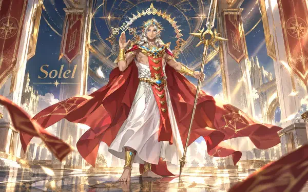 4K Ultra HD PC desktop wallpaper of Solel, queen from Fire Emblem: Fortune's Weave — regal figure in flowing red cloak and golden crown, scepter raised amid ornate palace halls.