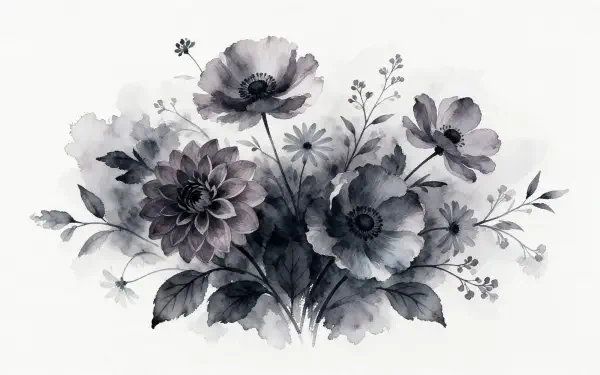 Monochrome watercolor floral bouquet of poppies and other flowers with delicate leaves and washes — 2K Quad HD PC desktop wallpaper background.