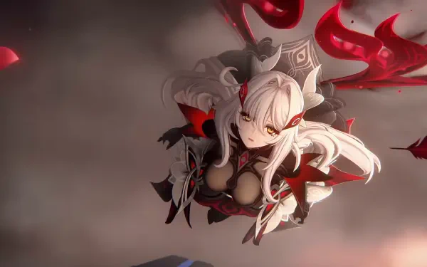 HD PC desktop wallpaper of Ronova (Genshin Impact): anime girl with white hair and horn-like accessories, red-black armor, floating red energy, viewed from above against a smoky background.