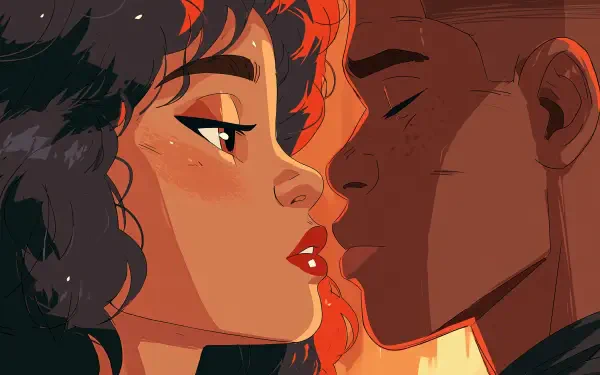 2K Quad HD PC desktop wallpaper/background: close-up of a couple in love sharing a tender kiss, warm lighting and intimate profiles.
