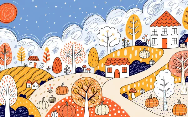 2K Quad HD PC desktop wallpaper and background: whimsical autumn/fall landscape of rolling hills with cozy houses, decorated trees and pumpkins beneath a starry blue sky.