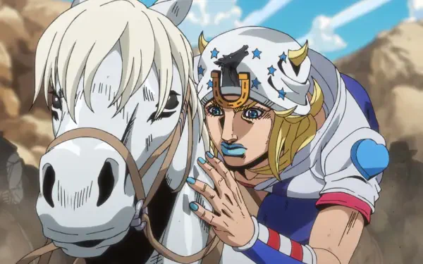 HD PC desktop wallpaper — Steel Ball Run anime: Johnny Joestar beside a white horse, a girllike figure with painted nails, set against rocky desert terrain under a bright blue sky.