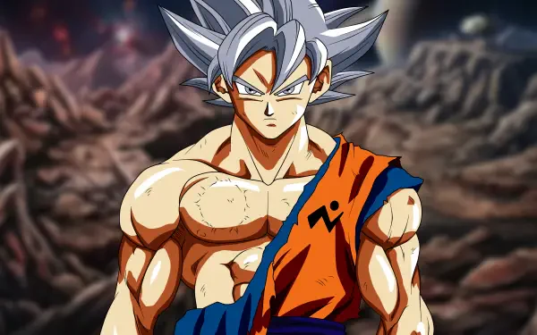 Dragon Ball Super anime wallpaper: Goku in Ultra Instinct with silver hair and torn orange gi standing against a scorched rocky battlefield — 4K Ultra HD PC desktop background.