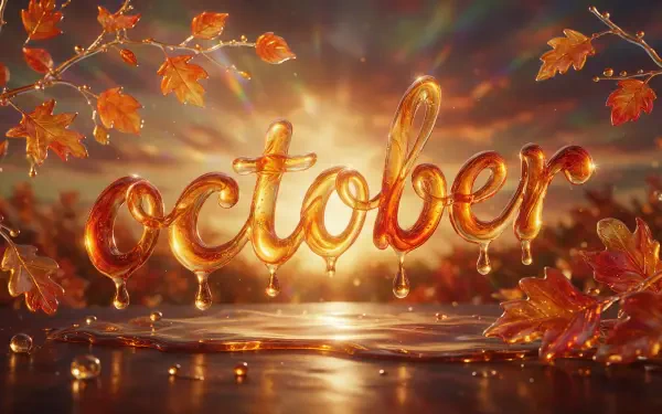 2K Quad HD PC desktop wallpaper: glowing golden October script dripping like amber, surrounded by orange fall leaves and a reflective autumn pond at sunset.