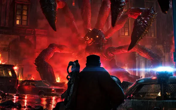 4K Ultra HD PC desktop wallpaper: Gears of War: E-Day — silhouetted soldier confronts a towering tentacled alien monster amid burning cars, police lights and chaos.