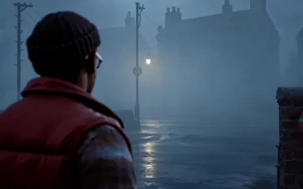 Simon Ordell stands with his back to the viewer on a rain-slick street in fog-shrouded Silent Hill: Townfall — moody 4K Ultra HD PC desktop wallpaper background.