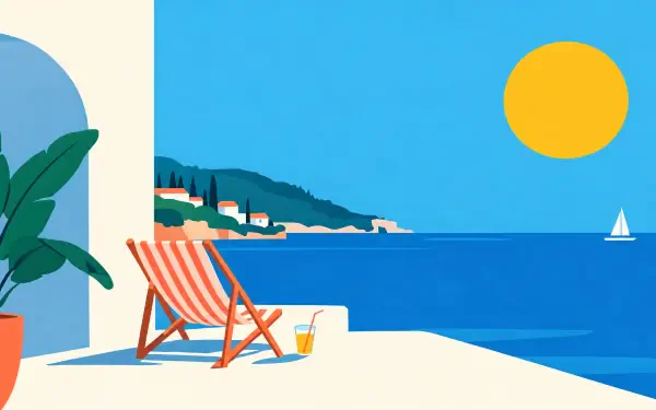 Minimalist summer 4K Ultra HD PC desktop wallpaper: sunlit beach terrace with a striped chair, cold drink, potted plant, blue ocean and distant sailboat under a bright yellow sun.