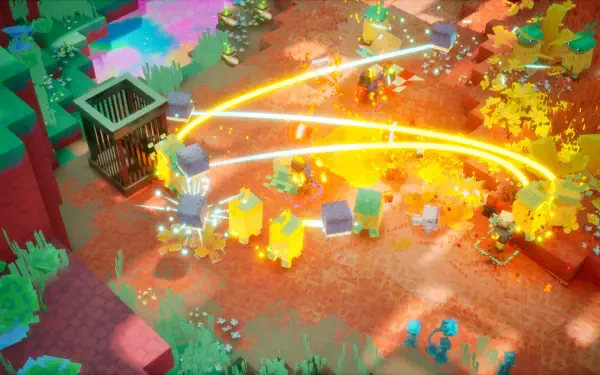 HD PC desktop wallpaper from Minecraft Dungeons II: blocky heroes and mobs clash in a fiery explosion, with glowing arc beams and scattered debris.