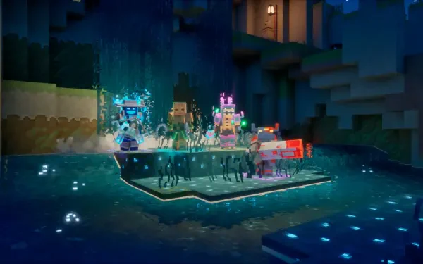 HD PC desktop wallpaper: pixel-art scene from Minecraft Dungeons II — Minecraft video game characters on a glowing platform in a blocky cave.